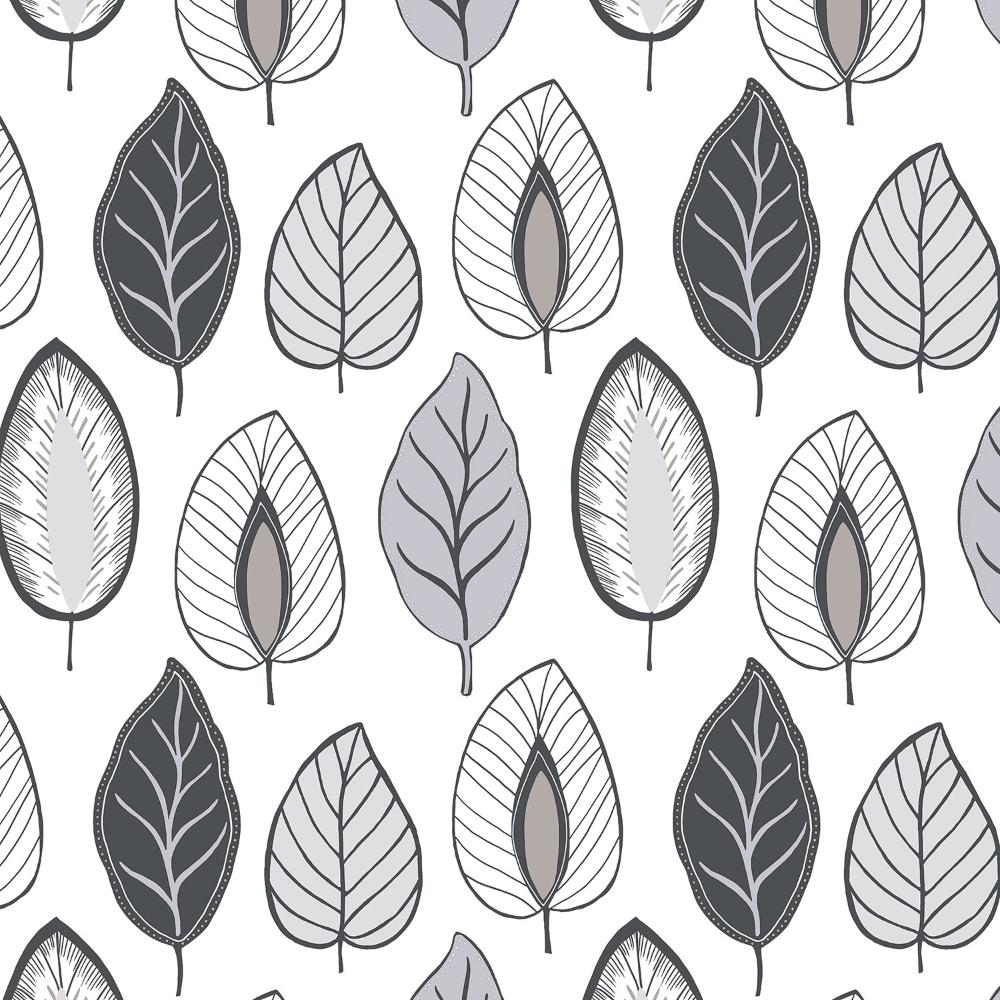 Patton Wallcoverings JJ38008 Rewind Chic Leaf In Black, Grey And Metallic Silver Wallpaper
